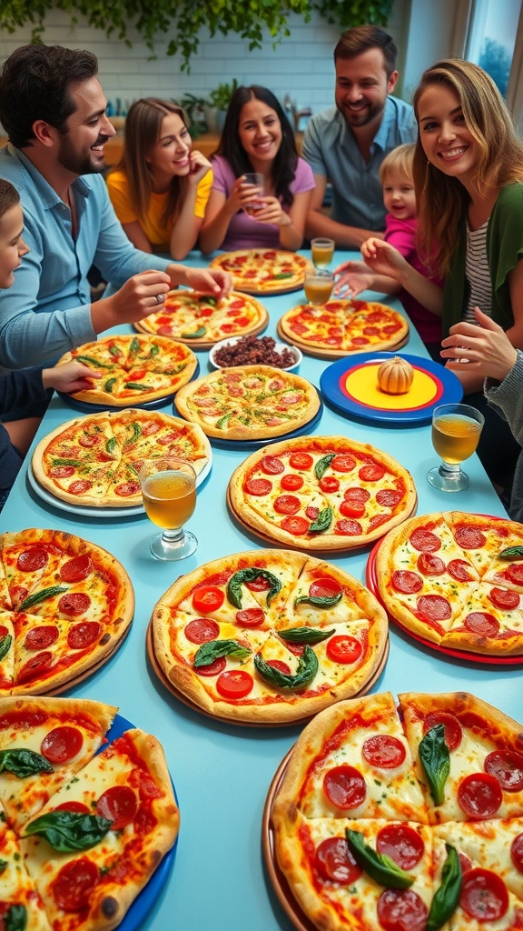 A festive pizza party table with various homemade pizzas and happy guests enjoying the meal.